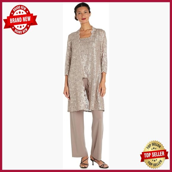 3-Piece Glitter Lace Pant Set with Duster Jacket and Tank Top